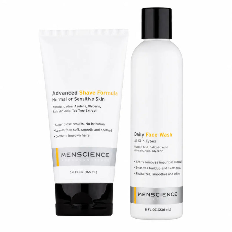 Menscience Advanced Shave Formula in a white squeeze tube with a black cap next to Menscience Daily Face Wash in a white bottle with a black cap, both on a plain white background.