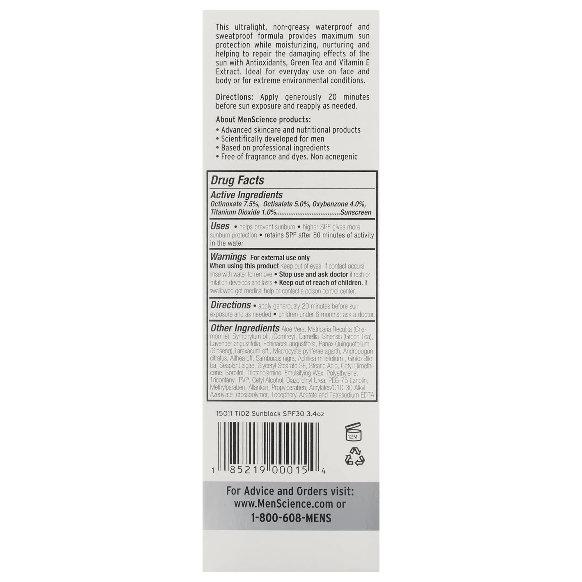 MenScience TiO2 Sunblock SPF 30 Product Image Large Back of Box 