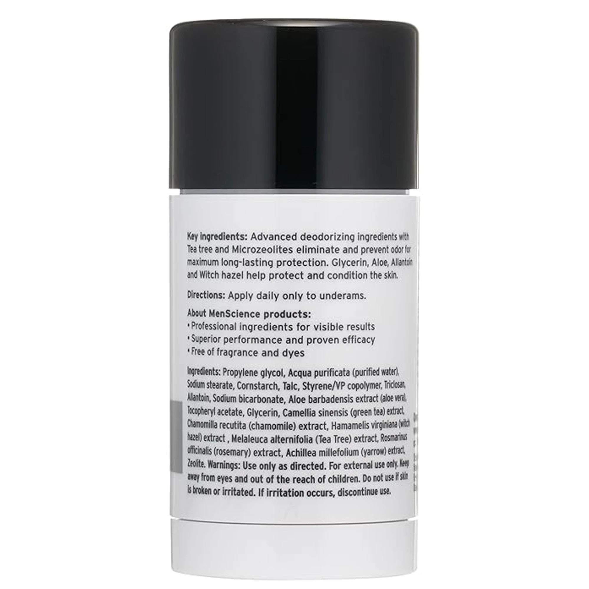 Menscience Deodorant product back photo with black cap and white body on a white background