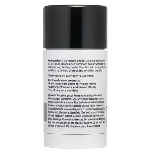 Menscience Deodorant product back photo with black cap and white body on a white background