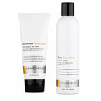 Menscience Advanced Face Lotion in a white squeeze tube with a black cap next to Menscience Daily Face Wash in a white bottle with a black cap, on a plain white background.