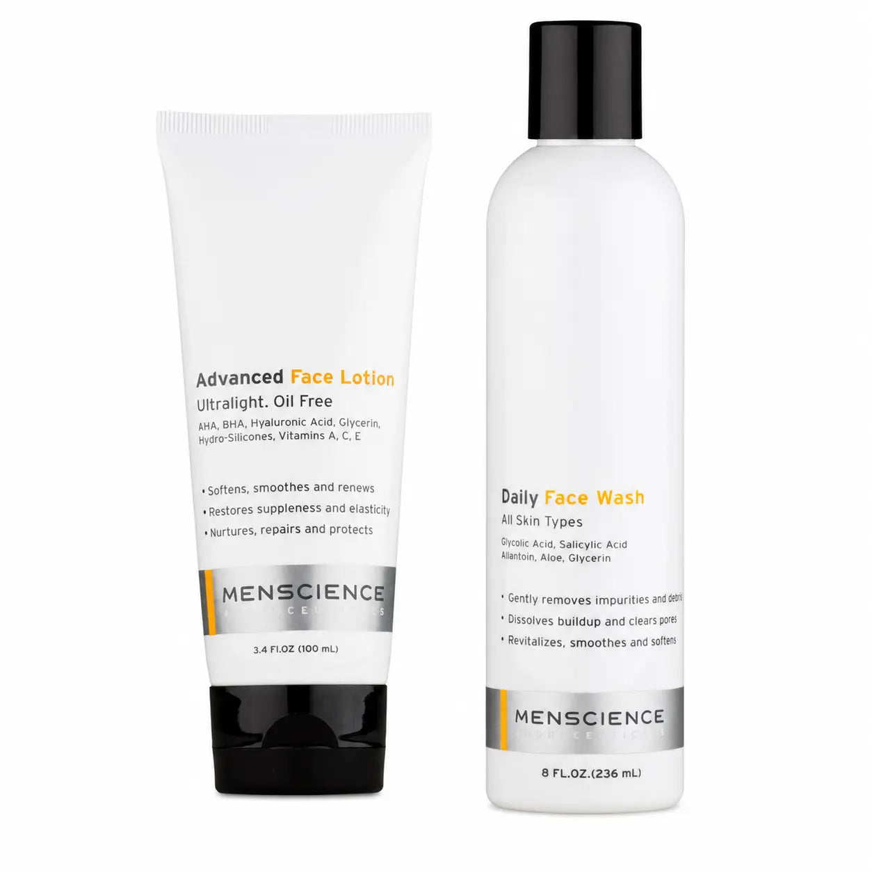 Menscience Advanced Face Lotion in a white squeeze tube with a black cap next to Menscience Daily Face Wash in a white bottle with a black cap, on a plain white background.