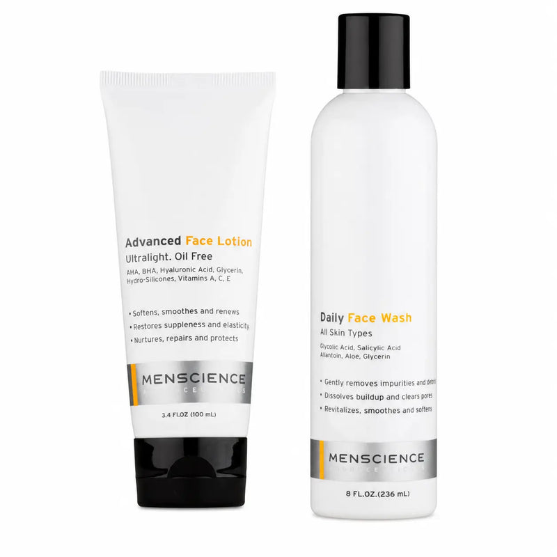 Menscience Advanced Face Lotion in a white squeeze tube with a black cap next to Menscience Daily Face Wash in a white bottle with a black cap, on a plain white background.