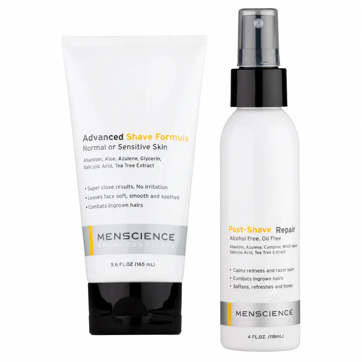 menscience advanced shave duo with a bottle of advanced shave formula and a bottle of post shave repair on a white background