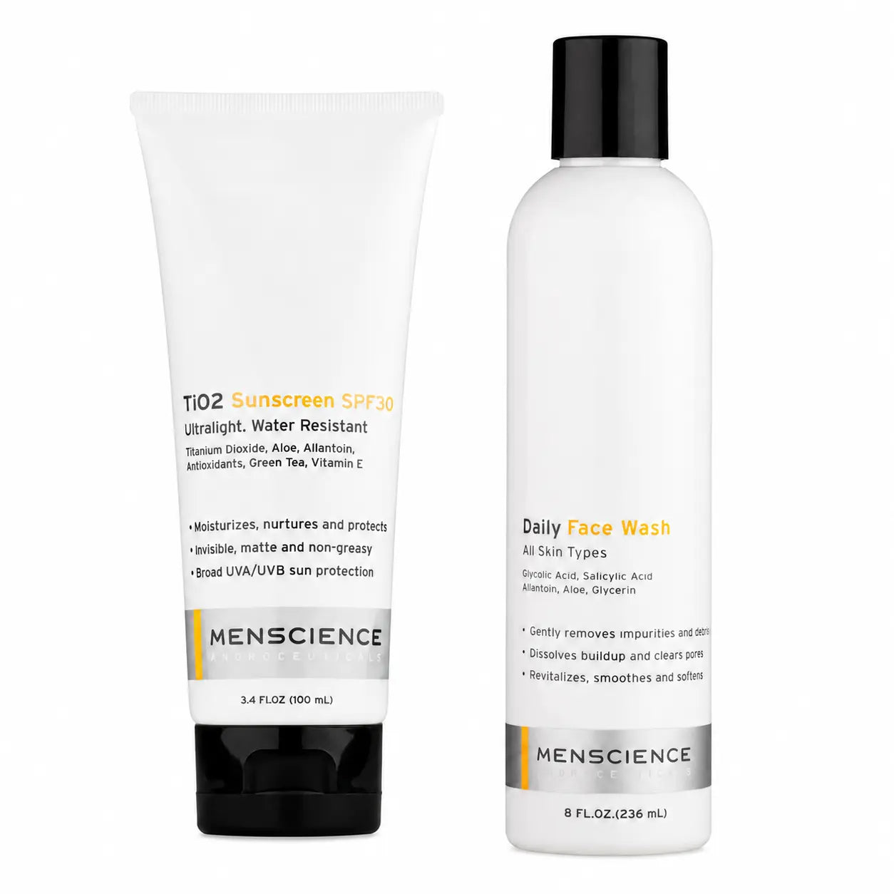 Menscience skincare set featuring a white sunscreen SPF30 tube with a black cap and a white daily face wash bottle with a black cap, on a plain white background.